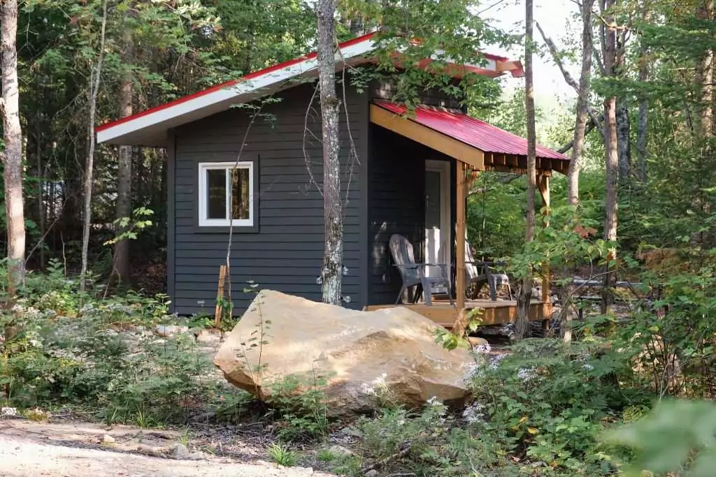 A tiny cabin with dark blue siding and red metal roof surrounded by forest at Four Corners Algonquin