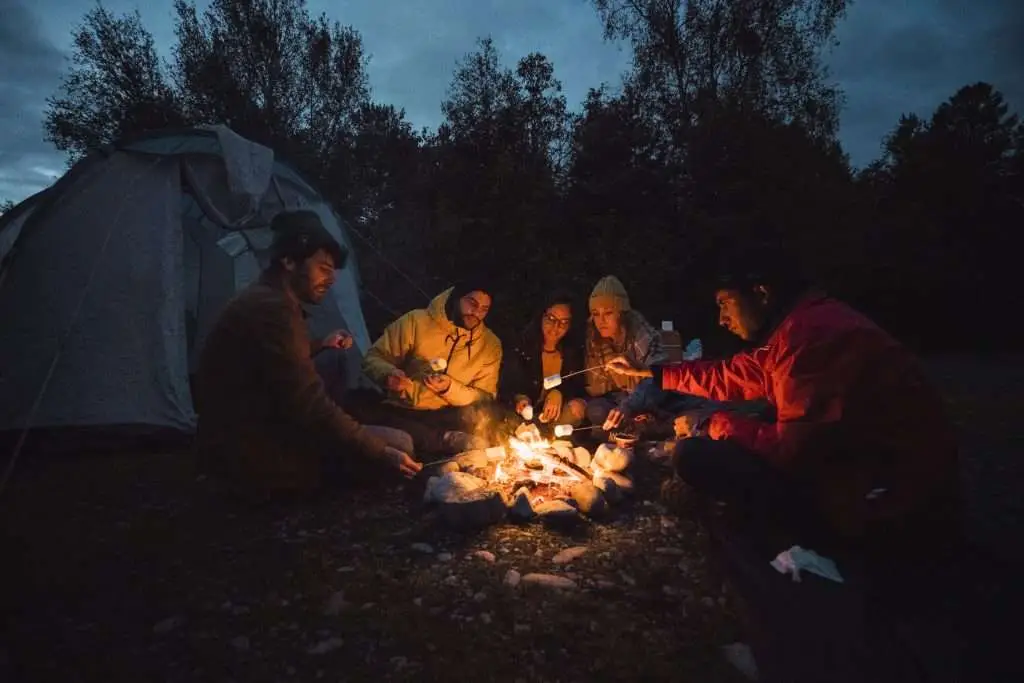 Group of friends sitting at a campfire, roasting marshmallows