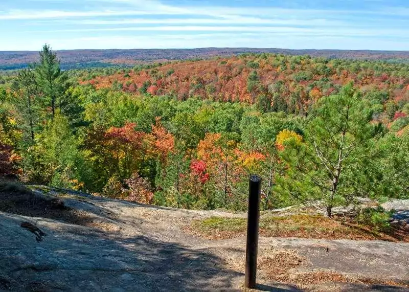 A lookout point on Centennial Ridges Trail in Algonquin Park showing tree colours changing for fall on a blue sky day