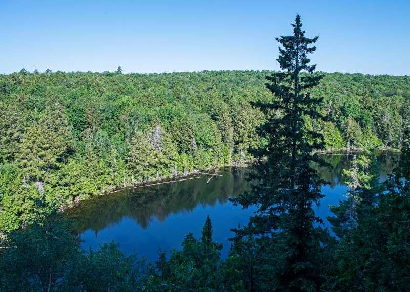 Lookout area over a lake from Hemlock Bluff Train in Algonquin Park