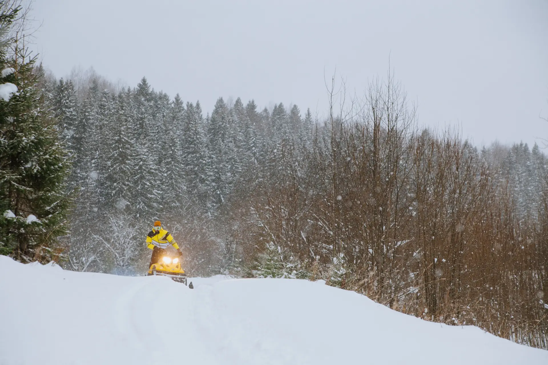 man rides a yellow snowmobile through a winter forest