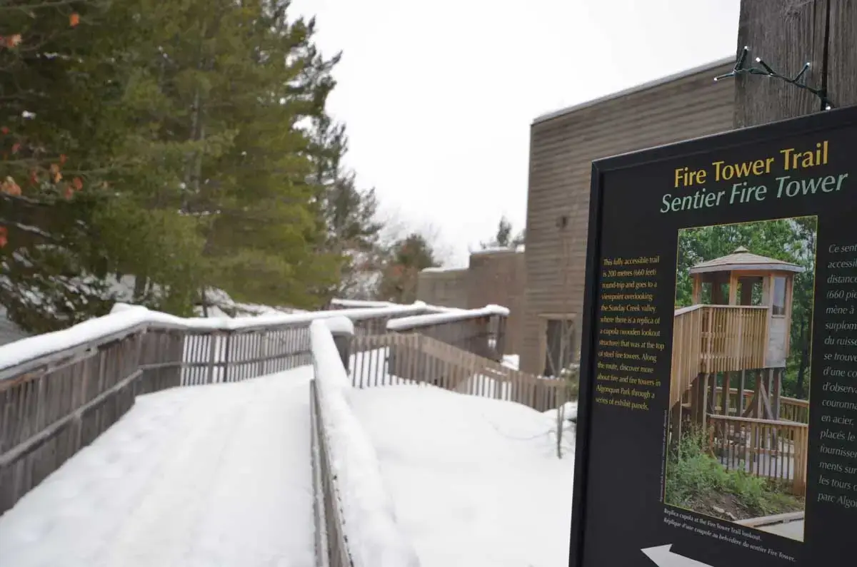 Fire Tower Trail at Algonquin Park Visitor Centre showing the interpretation signs