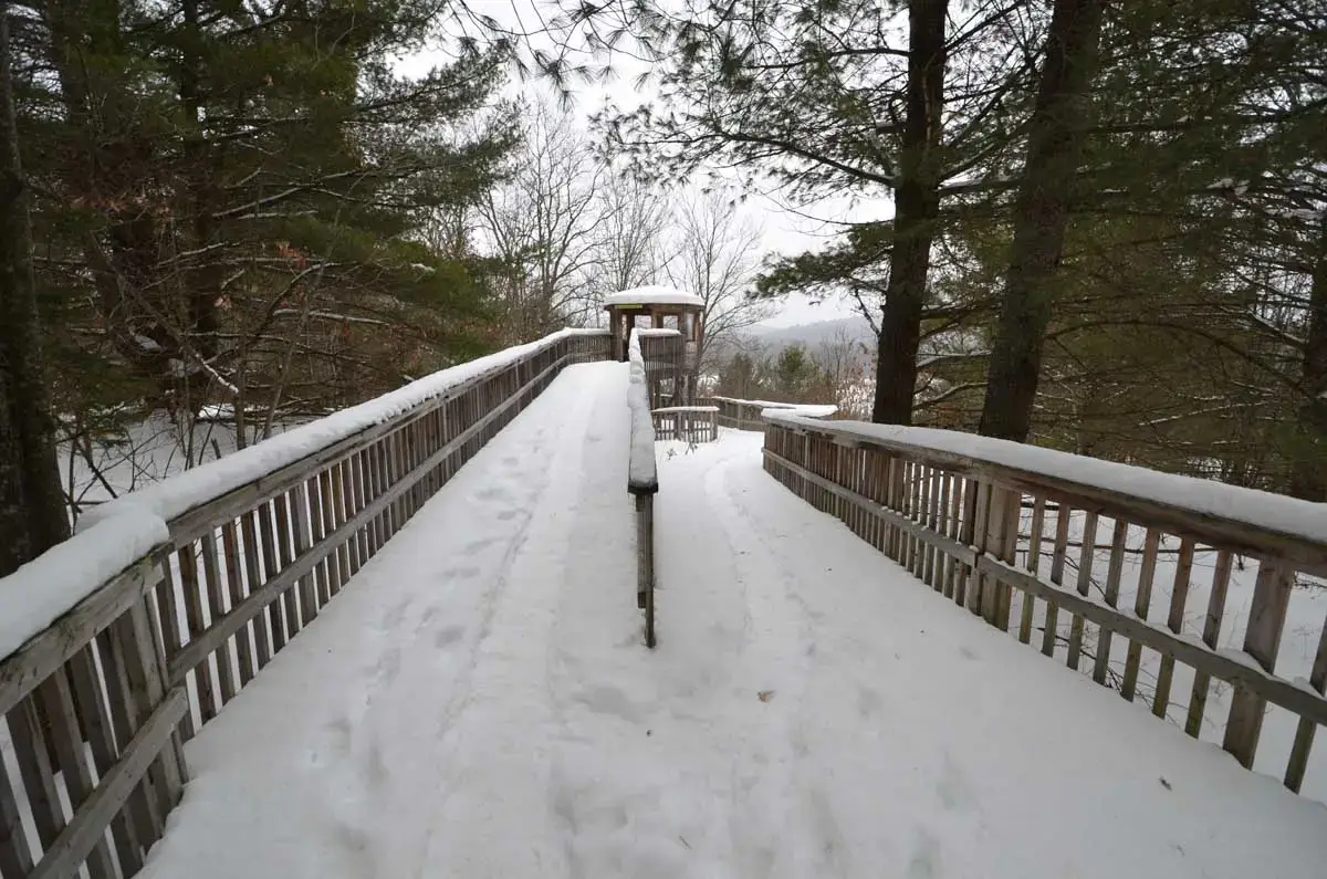 Fire Tower Trail at Algonquin Park Visitor Centre showing the boardwalks in winter