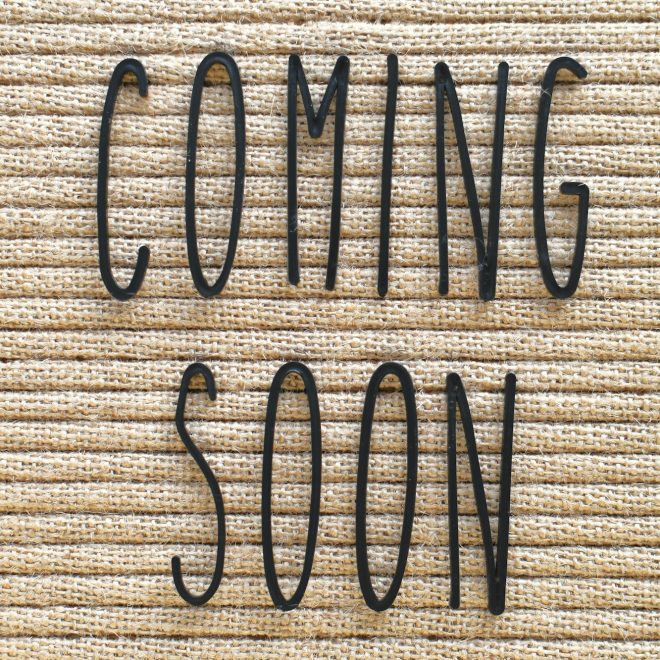Coming Soon - black skinny letters on a burlap background, boho farmhouse chic style