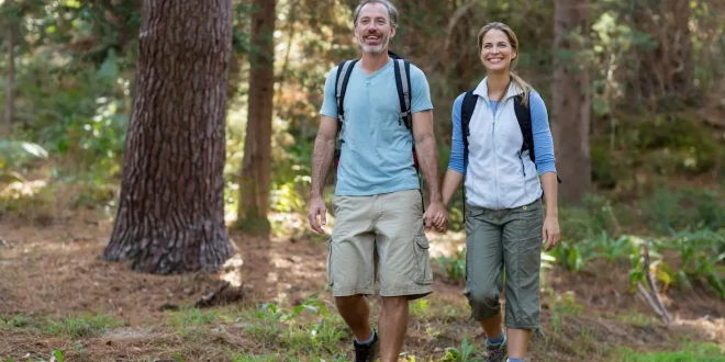 Hiker couple hiking in forest